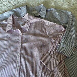 Susan Graver 2 Item Bundle 1X Button Up Blouse Tops Pin Stripes & Rhinestones